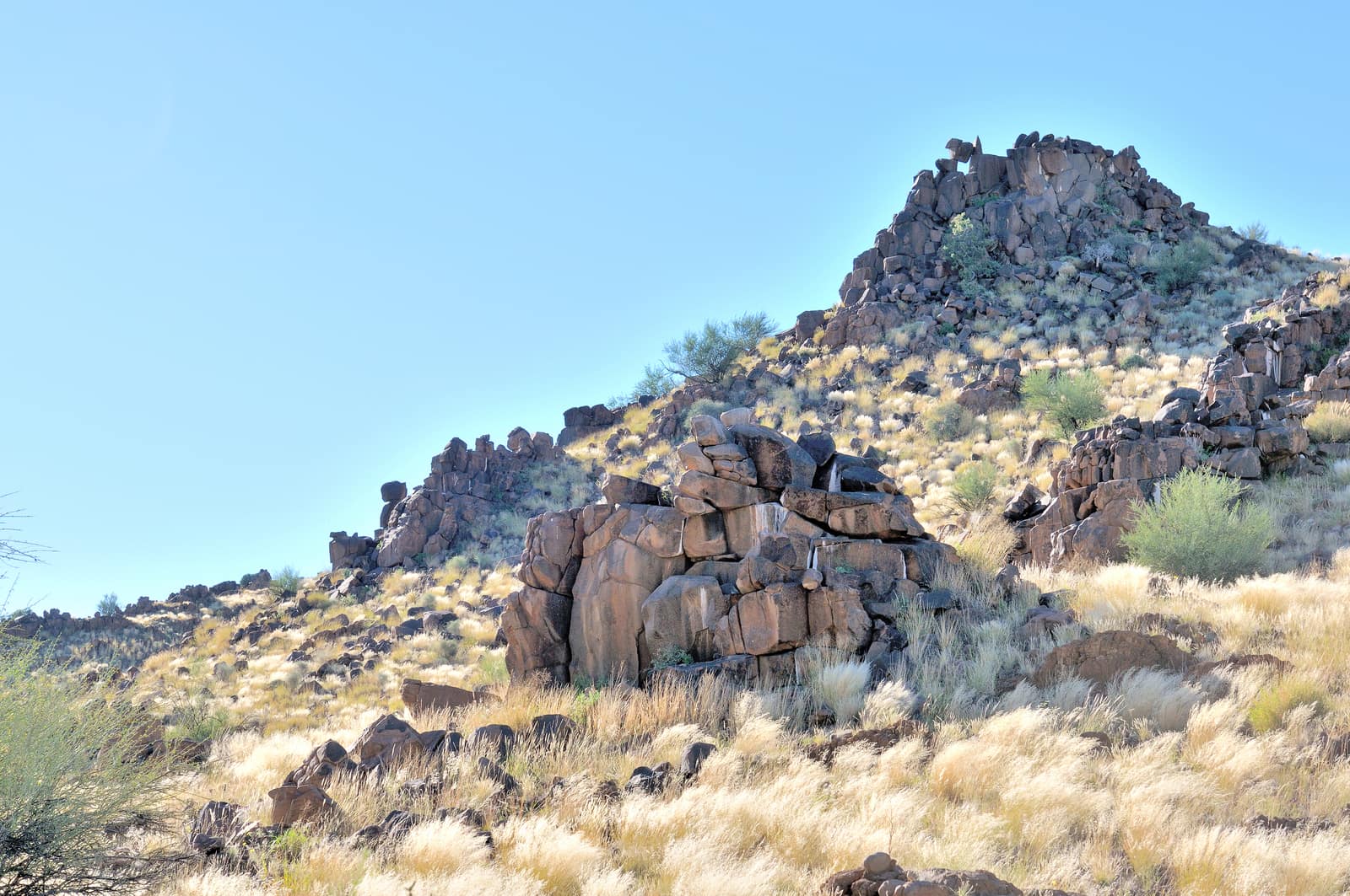 Hügel aus dunklen Doleritblöcken in der weiten Ebene der Karoo